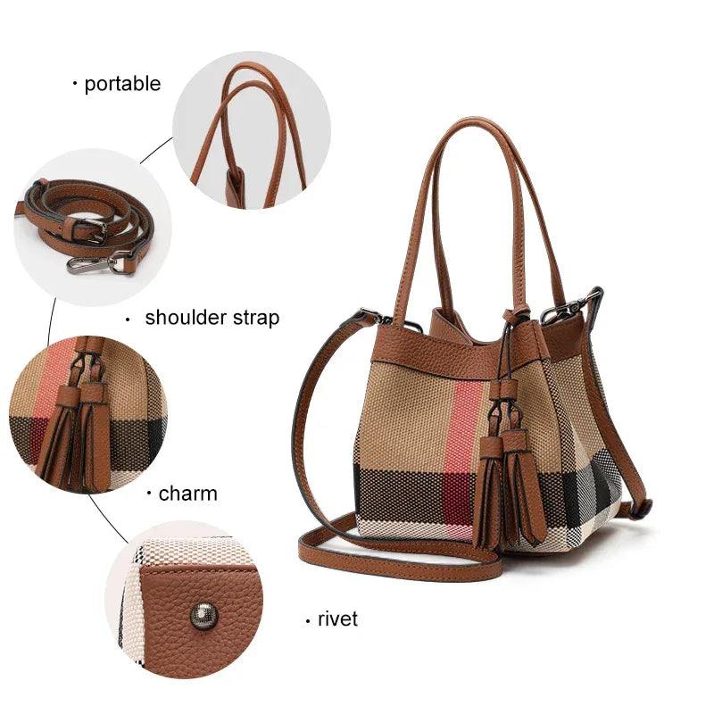 Aidrani Women's Plaid Canvas Cowhide Small Handbag Caramel - Dazzling Beauty Solution