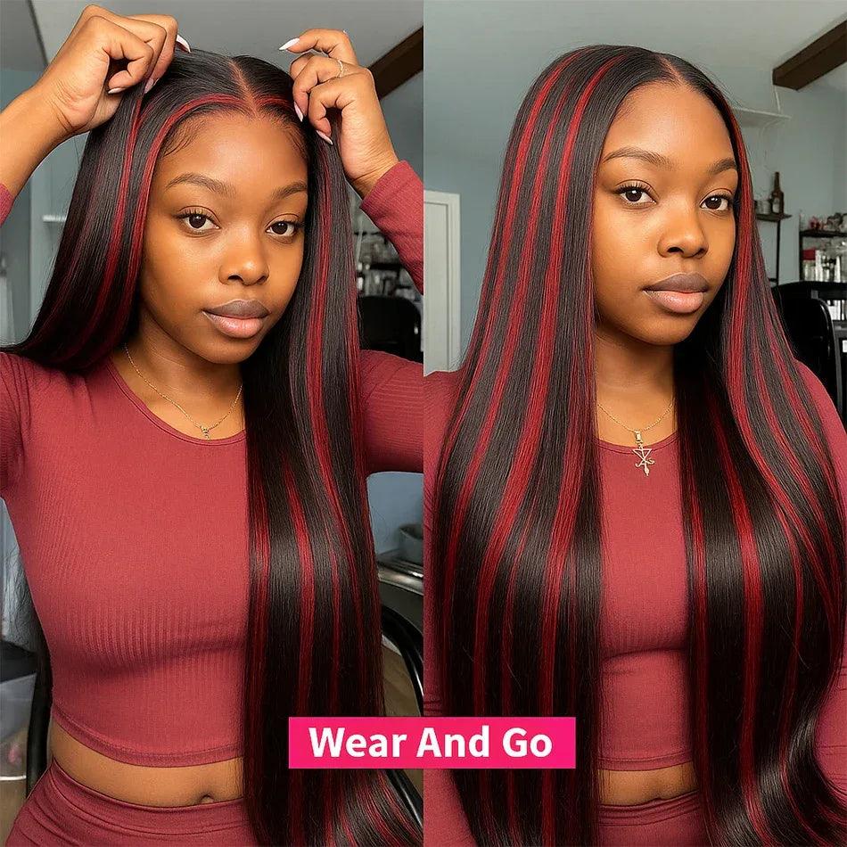 200% Upgraded 1B/99J Black With Red Bone Straight 5x5 Highlight Wig Human Hair Brazilian Burgundy Colored Glueless Wig For Women - Dazzling Beauty Solution