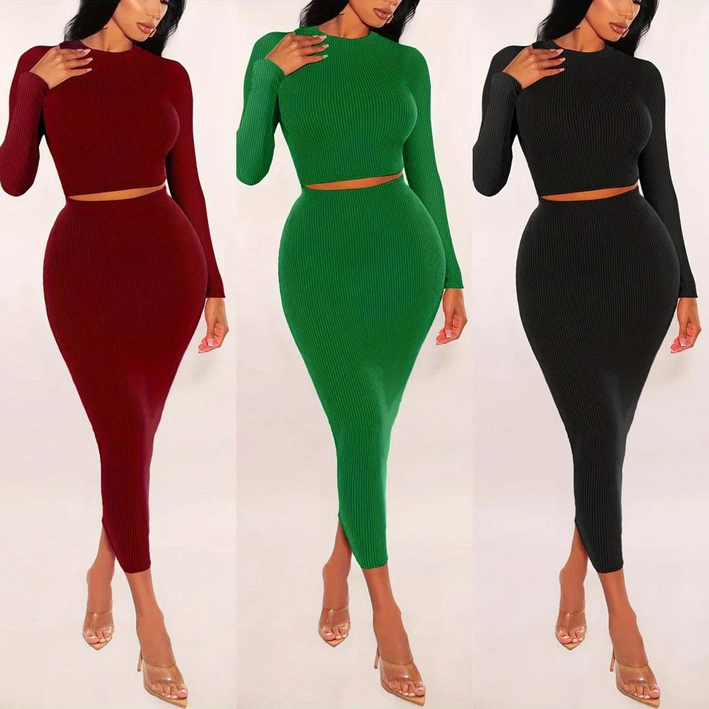 Women's Knit Two-Piece Set | Long Sleeve Crop Top & Bodycon Skirt | S–XXL