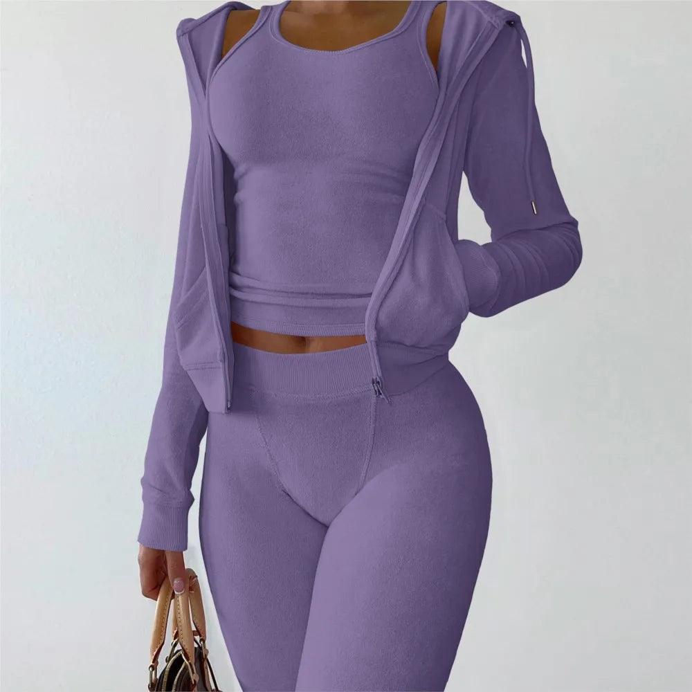Women's Luxe Velvet 3-Piece Set - Hooded Sweatshirt, Vest & Pants