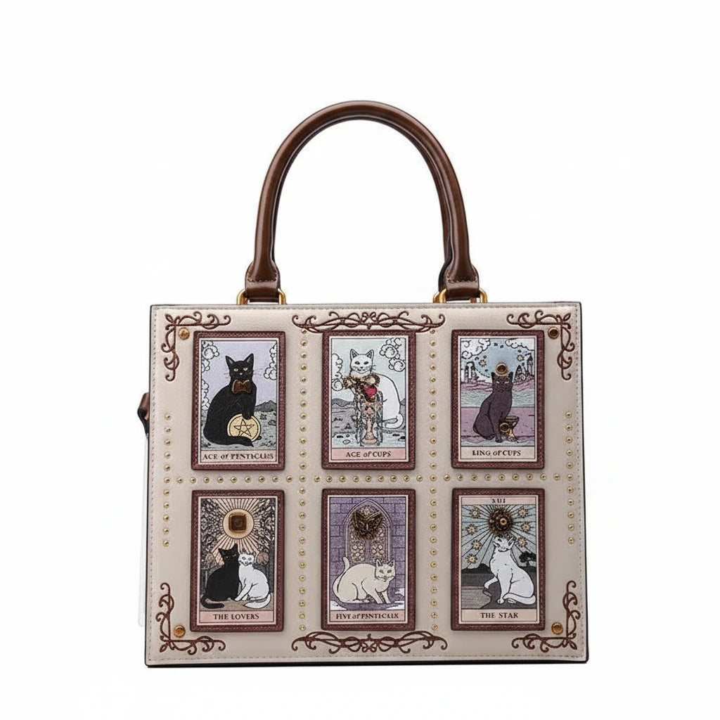 Vintage Luxury Embroidery Cat Tote Bag | Large Capacity Designer Handbag | Beige & Black