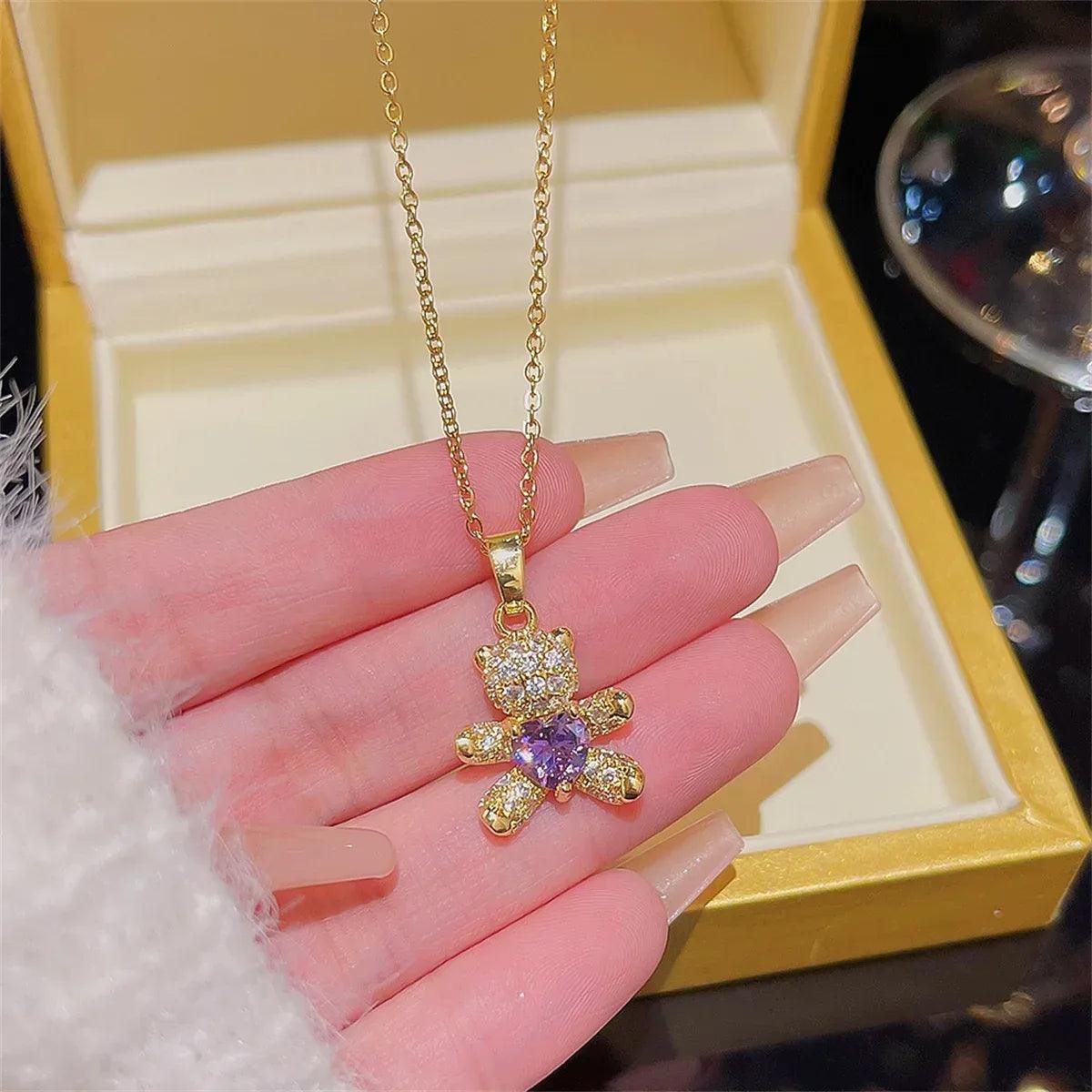 Sparkling Zircon Bear Pendant Necklace – Titanium Steel Lock Bone Chain for Women - Dazzling Beauty Solution