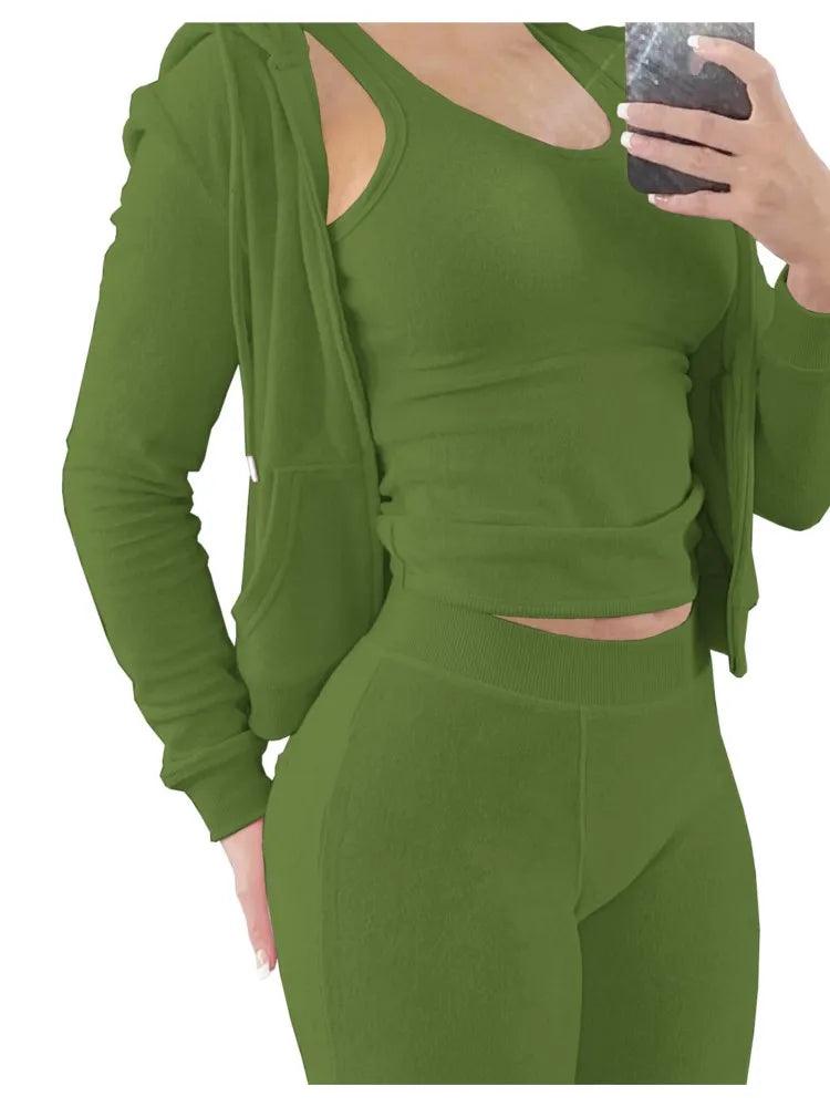 Women's Luxe Velvet 3-Piece Set - Hooded Sweatshirt, Vest & Pants