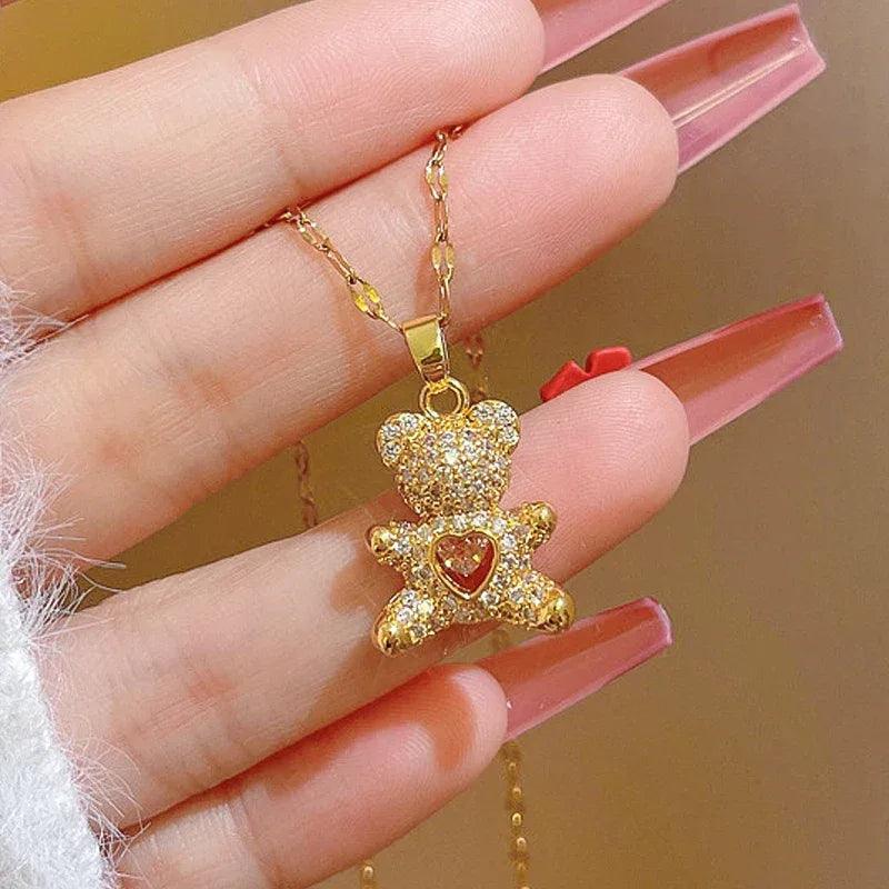 Lovely Bear Pendant Necklace – Golden Titanium Stainless Steel Jewelry for Women - Dazzling Beauty Solution
