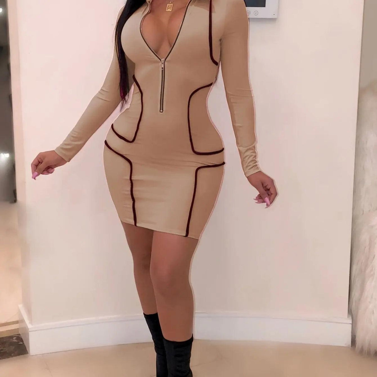 Women's Zipper Bodycon Mini Dress - Stand Collar Party Dress
