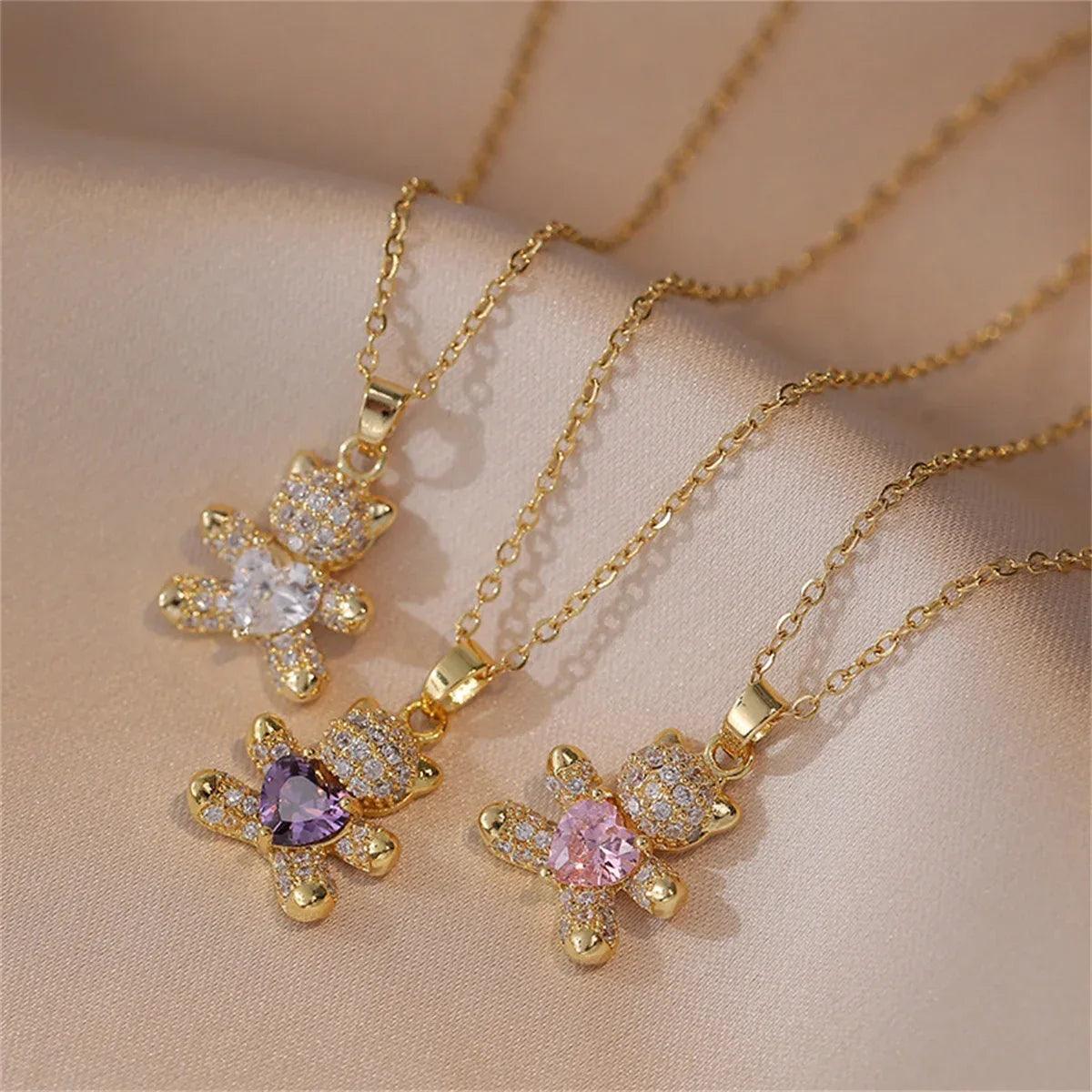 Sparkling Zircon Bear Pendant Necklace – Titanium Steel Lock Bone Chain for Women - Dazzling Beauty Solution