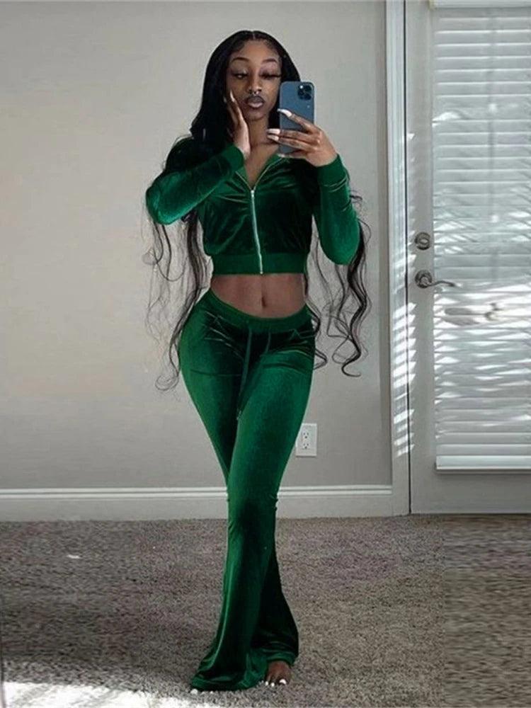 Kliou Velour Two-Piece Set | Zip Turtleneck Top & Wide Leg Pants | 5 Colors | S-L