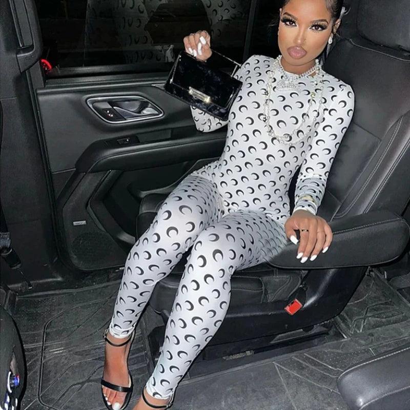 Women's Moon Print Jumpsuit - Sexy Slim Fit Long Sleeve Bodysuit