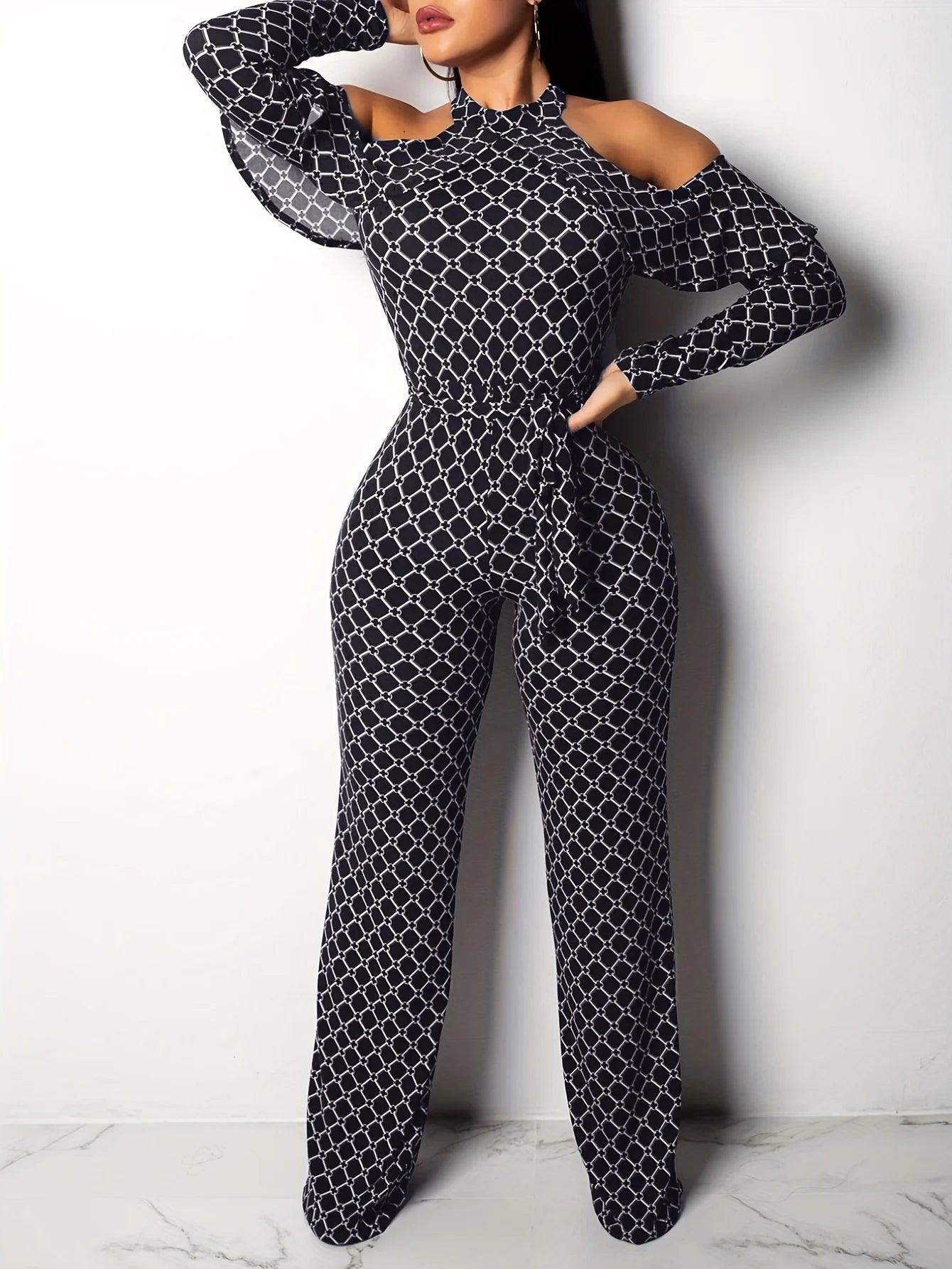 Women's Plaid Off-Shoulder Jumpsuit - Belted Wide Leg Romper