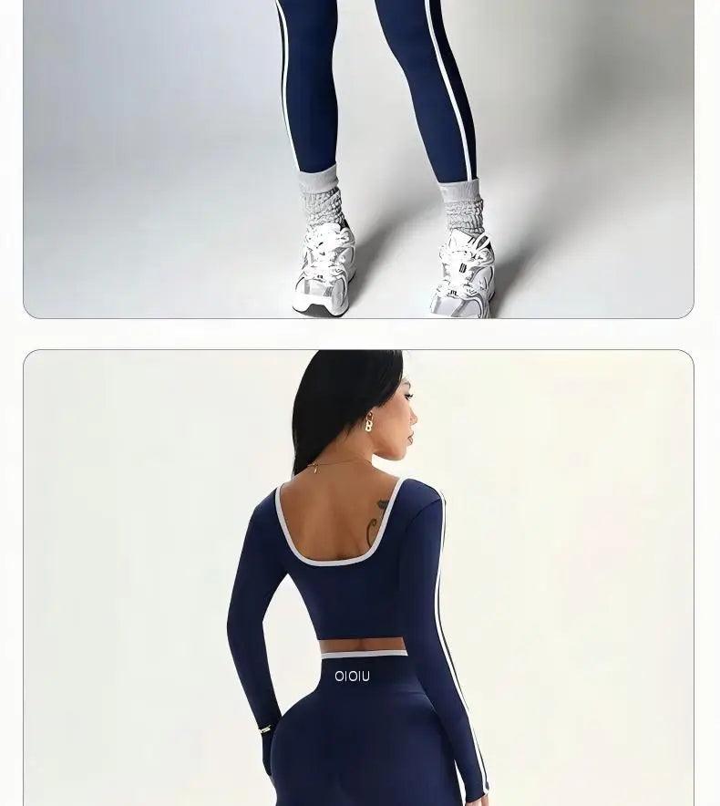 Color-Contrasting Yoga Set – Long Sleeve V-Waist Hip-Slimming Pants