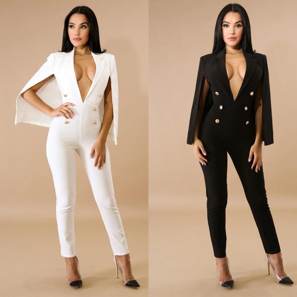 Women's Jumpsuit with Cape - Deep V-Neck Trouser Suit