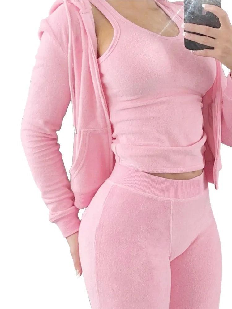 Women's Luxe Velvet 3-Piece Set - Hooded Sweatshirt, Vest & Pants