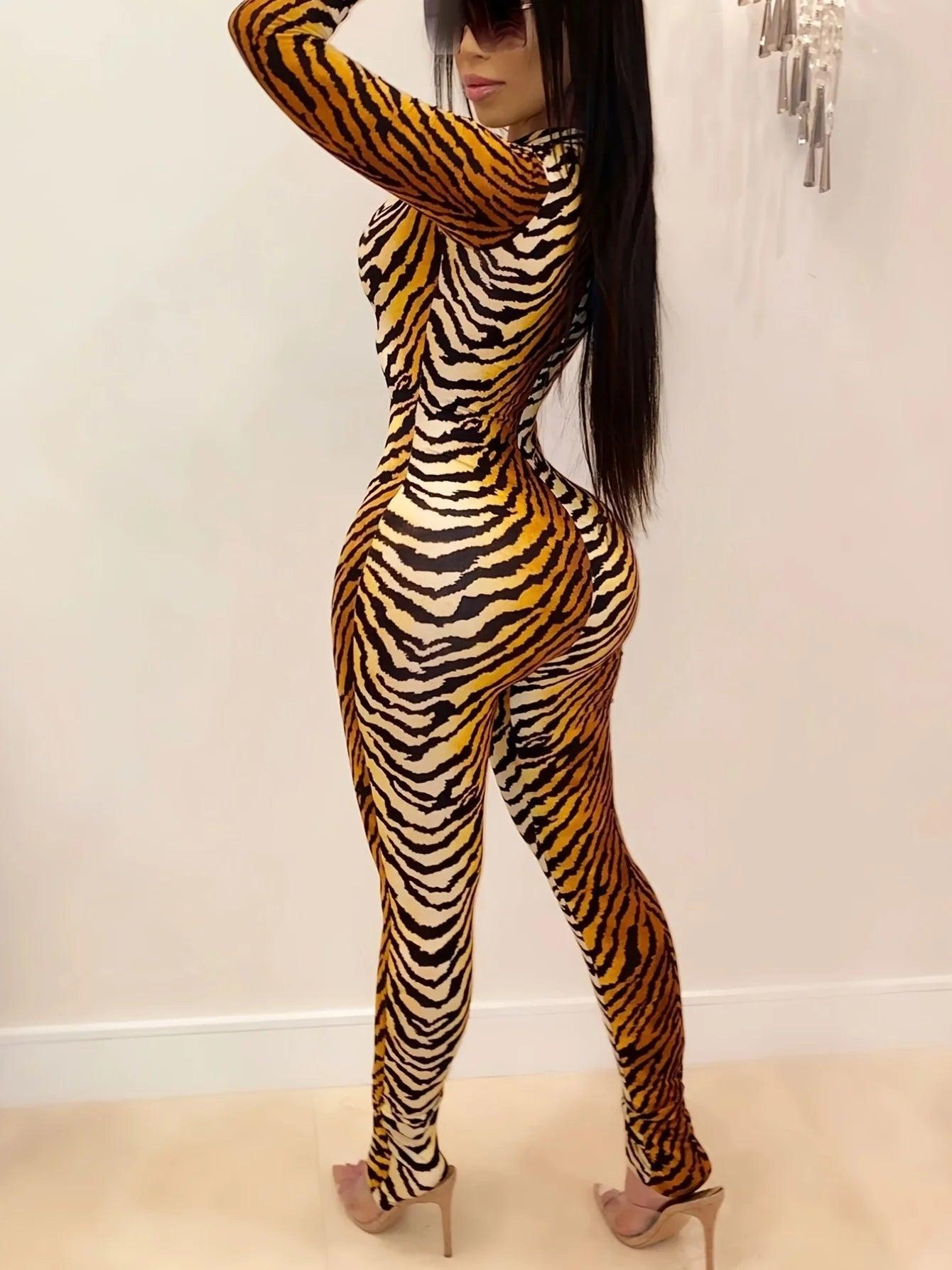Women's Tiger Print Bodycon Jumpsuit - Sexy V-Neck Club Outfit