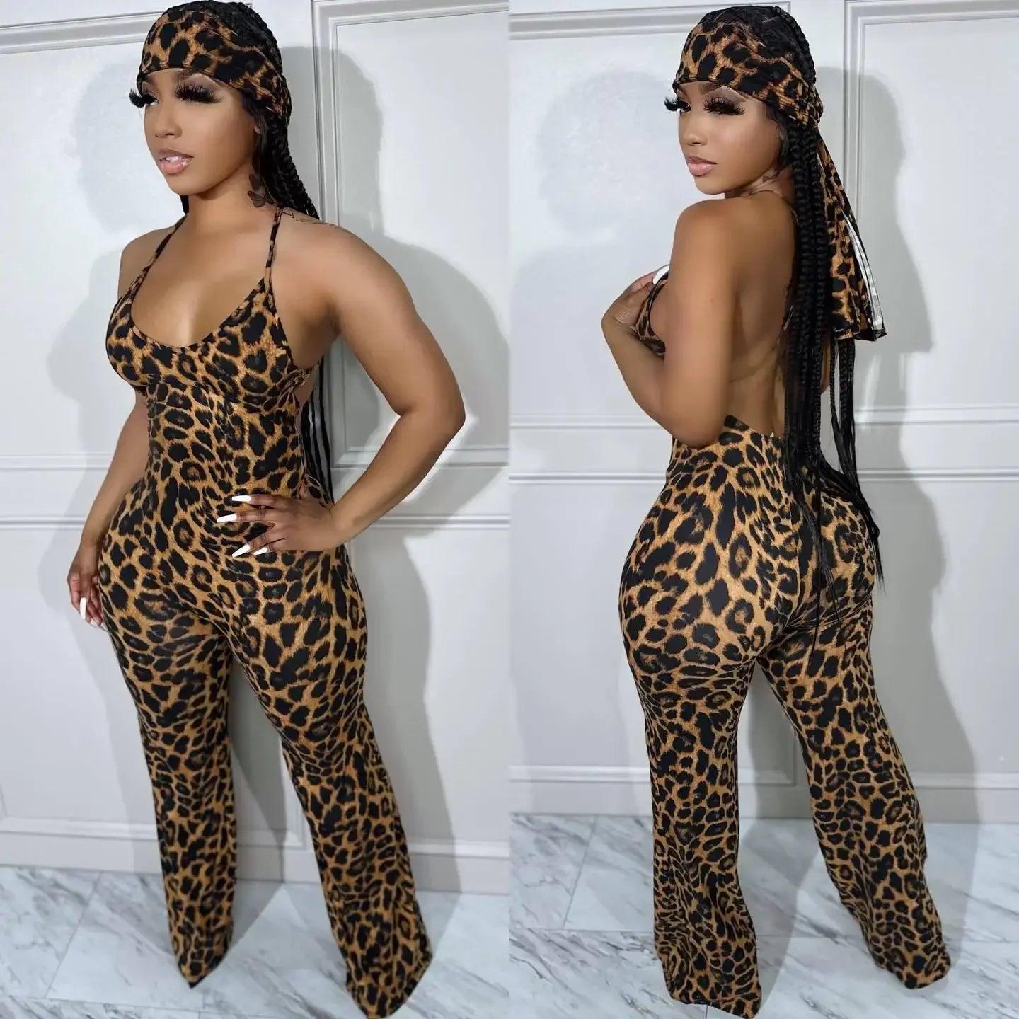 Women's Leopard Print Jumpsuit with Scarf - Wide Leg Bodycon Playsuit