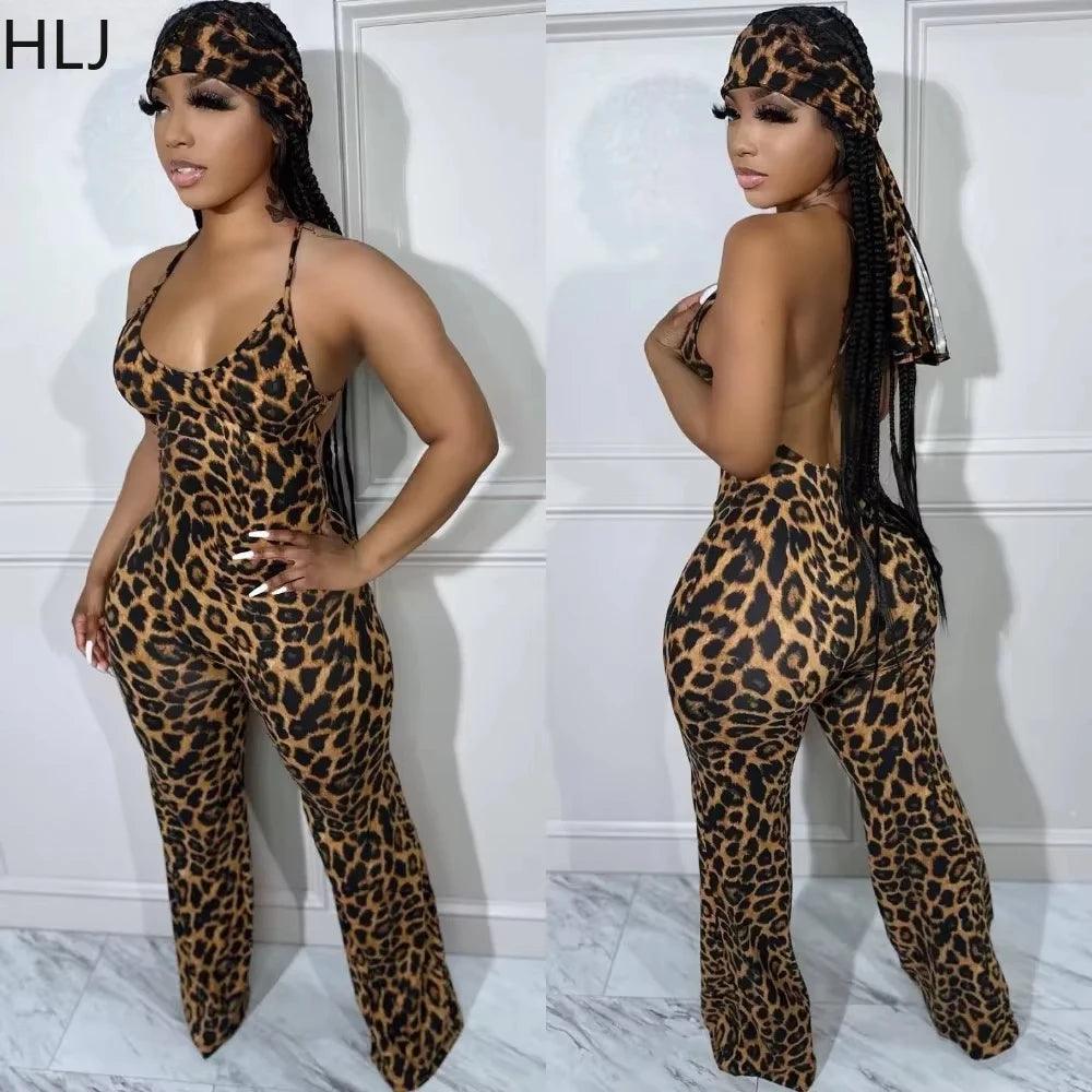 Women's Leopard Print Jumpsuit with Scarf - Wide Leg Bodycon Playsuit