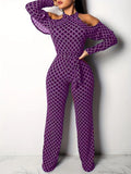 Women's Plaid Off-Shoulder Jumpsuit - Belted Wide Leg Romper