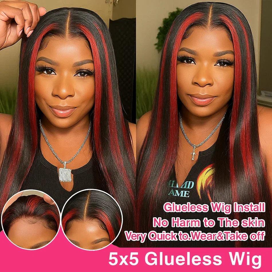 200% Upgraded 1B/99J Black With Red Bone Straight 5x5 Highlight Wig Human Hair Brazilian Burgundy Colored Glueless Wig For Women - Dazzling Beauty Solution
