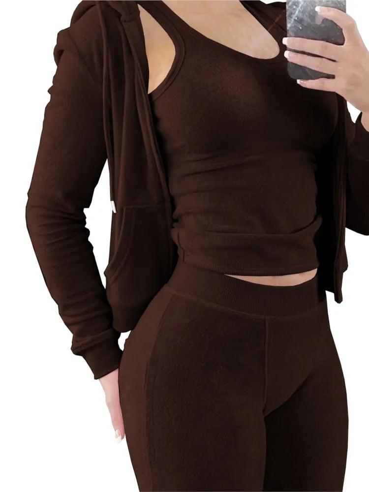 Women's Luxe Velvet 3-Piece Set - Hooded Sweatshirt, Vest & Pants