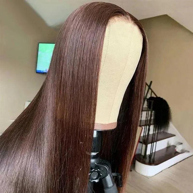 Long Straight Lace Front Wig with Side Bangs – Medium Dark Brown - Dazzling Beauty Solution