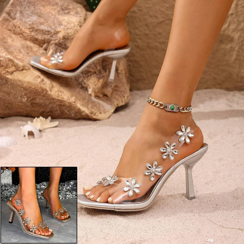New Sandals For Women Summer Transparent PVC Rhinestone Flowers Slingback Pumps Elegant Square Toe Female Sexy High Heels - Dazzling Beauty Solution