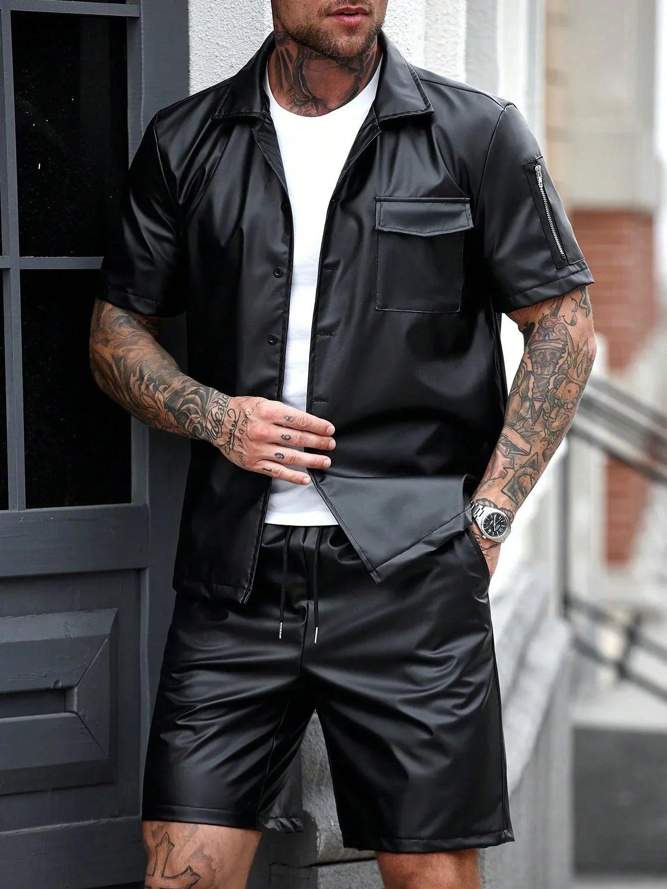 Manfinity LEGND Men'S Solid Front Button Short Sleeve Shirt and Drawstring Waist Pocket Shorts Set Men'S Outfits Sets Men Fashion Clothes Men Outfits 2 Pieces Men'S Designer Outfits - Dazzling Beauty Solution
