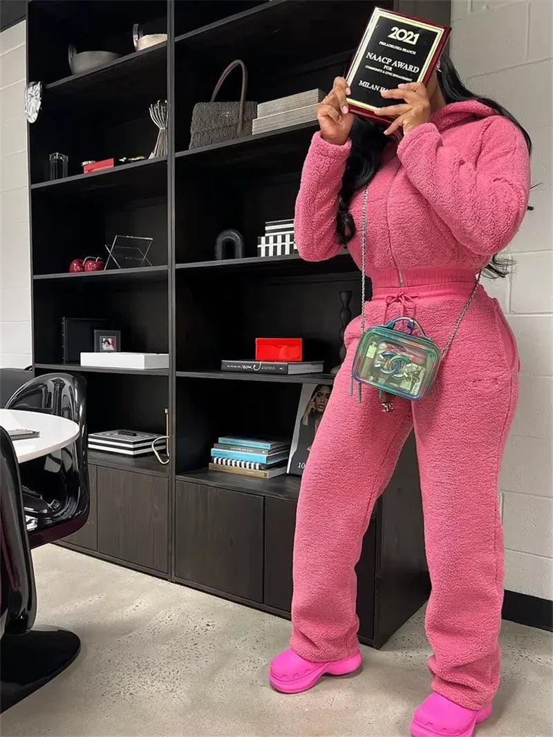 Cozy Up This Winter with Our Solid Plush 2-Piece Women's Zipper Cardigan and Drawstring Pants Set - Dazzling Beauty Solution