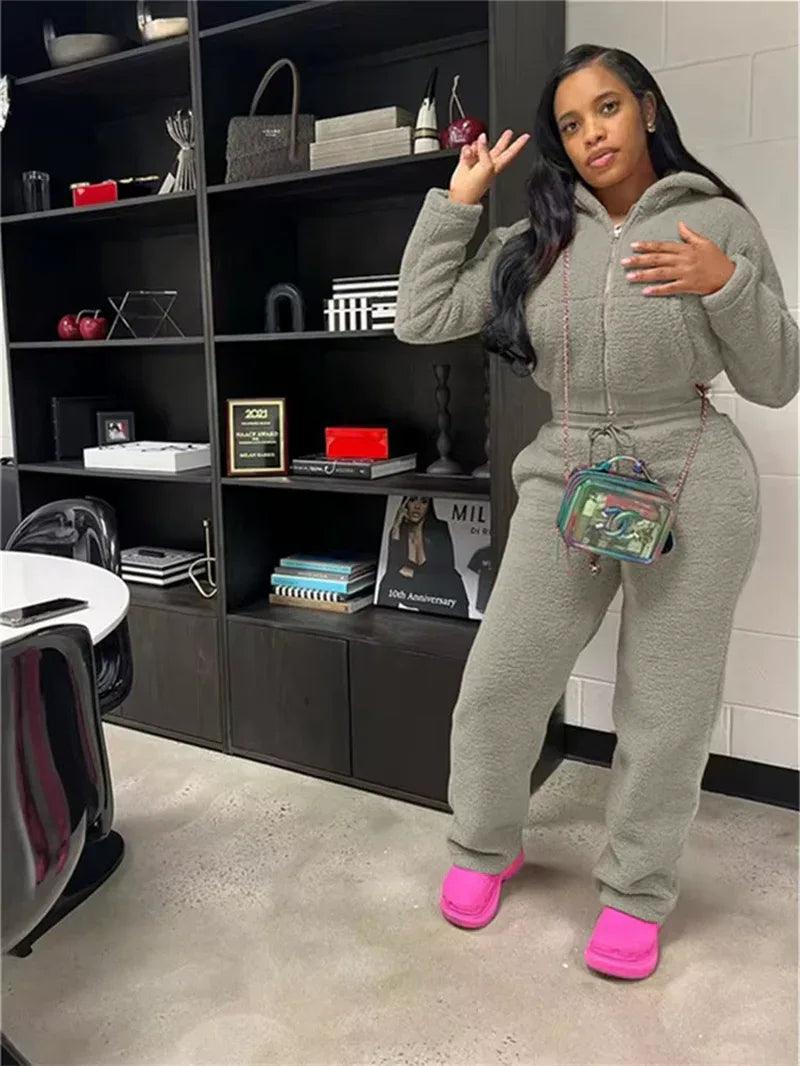Cozy Up This Winter with Our Solid Plush 2-Piece Women's Zipper Cardigan and Drawstring Pants Set - Dazzling Beauty Solution