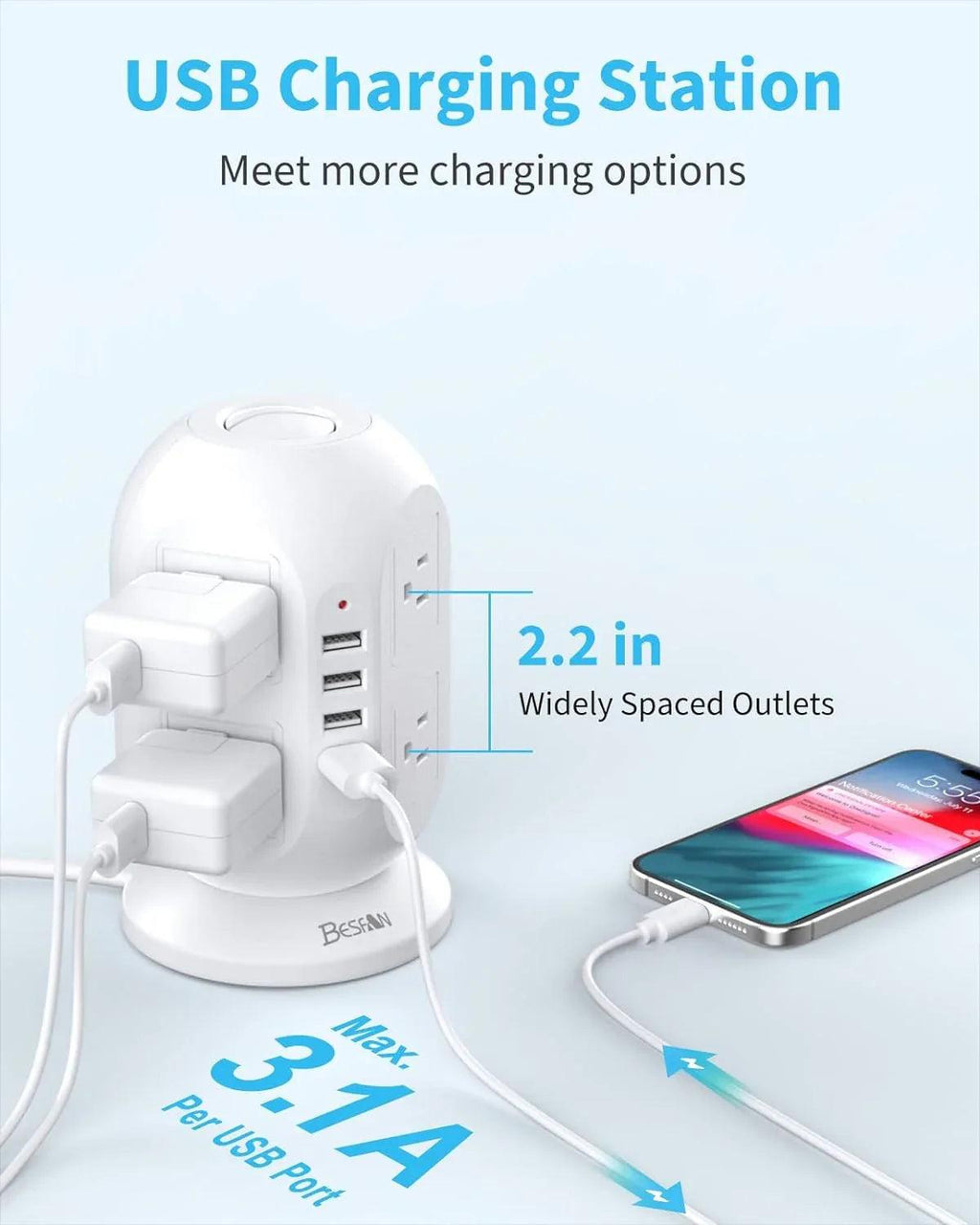 12-in-1 Power Strip Tower with USB Ports – 10FT Extension Cord, Surge Protector & Space-Saving Design - Dazzling Beauty Solution