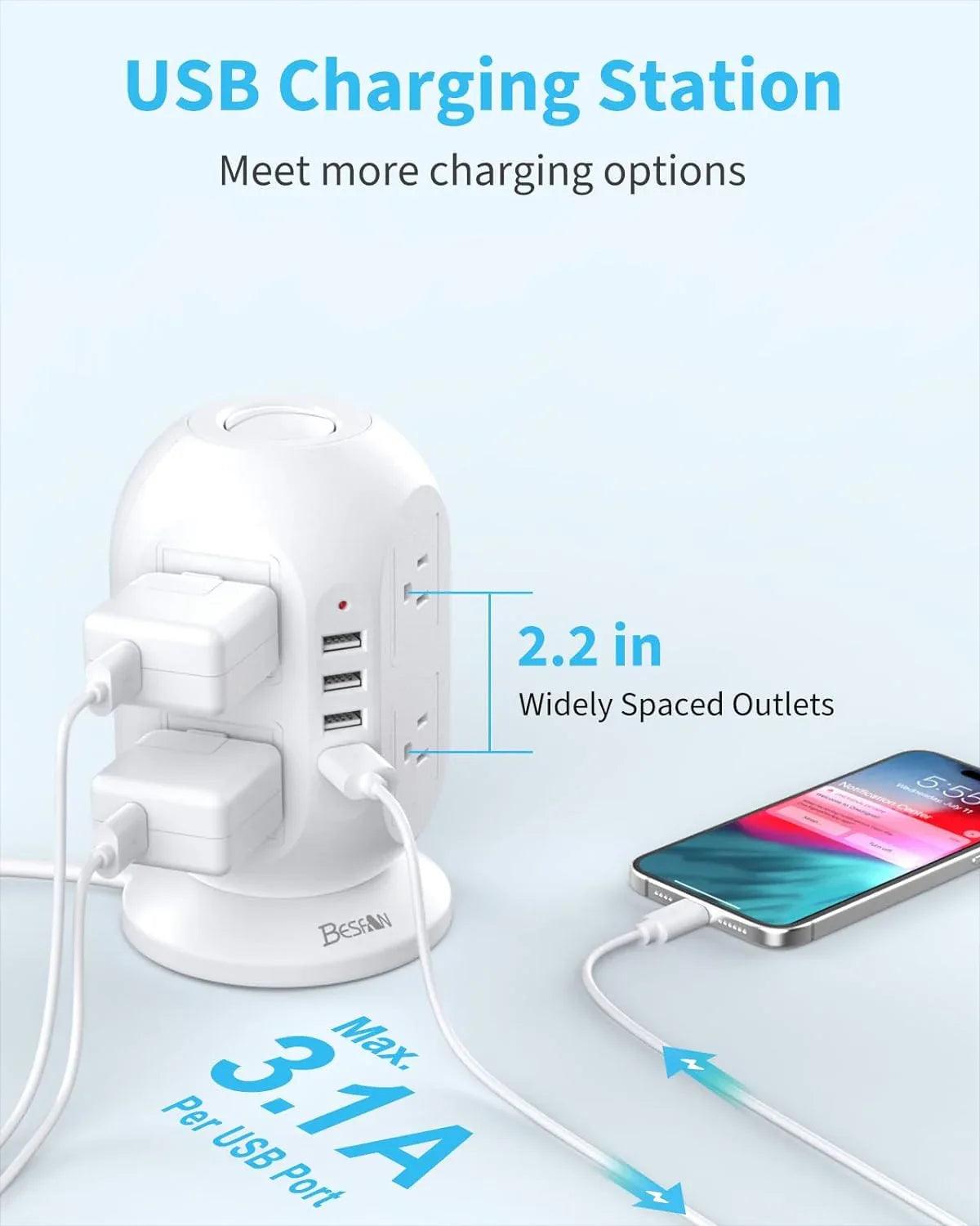 12-in-1 Power Strip Tower with USB Ports – 10FT Extension Cord, Surge Protector & Space-Saving Design - Dazzling Beauty Solution