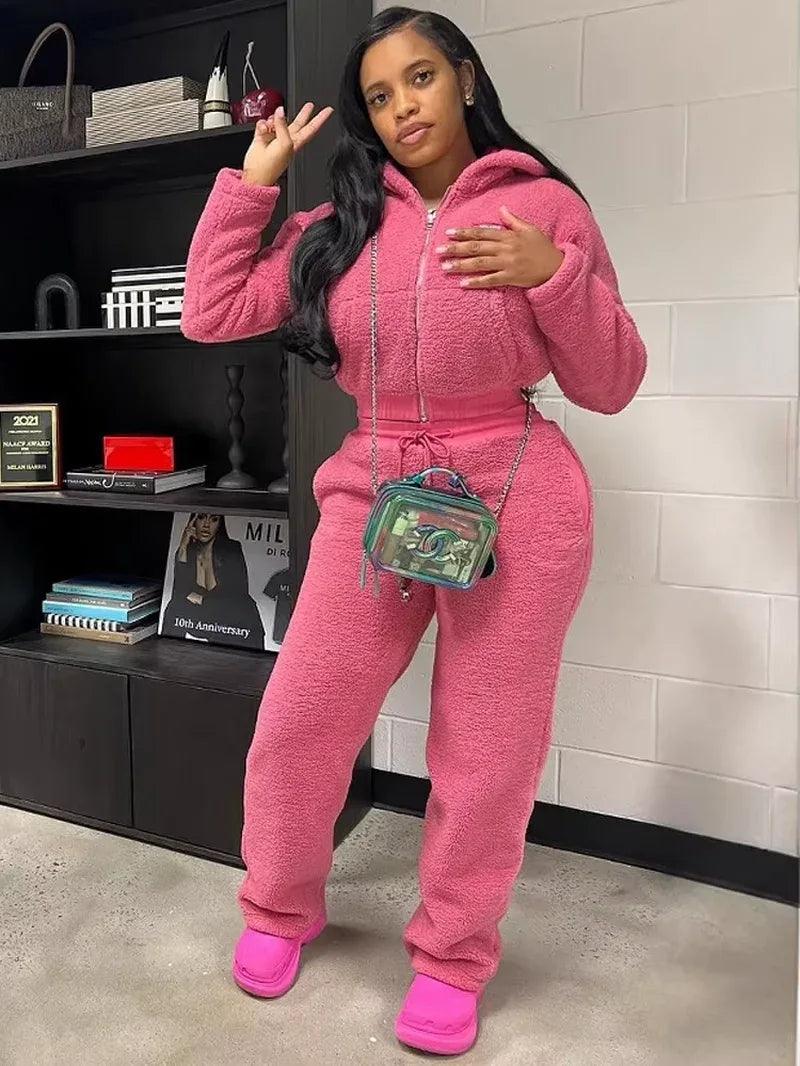 Cozy Up This Winter with Our Solid Plush 2-Piece Women's Zipper Cardigan and Drawstring Pants Set - Dazzling Beauty Solution