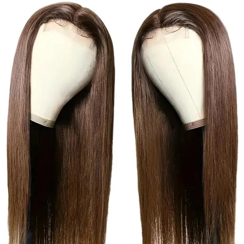 Long Straight Lace Front Wig with Side Bangs – Medium Dark Brown - Dazzling Beauty Solution
