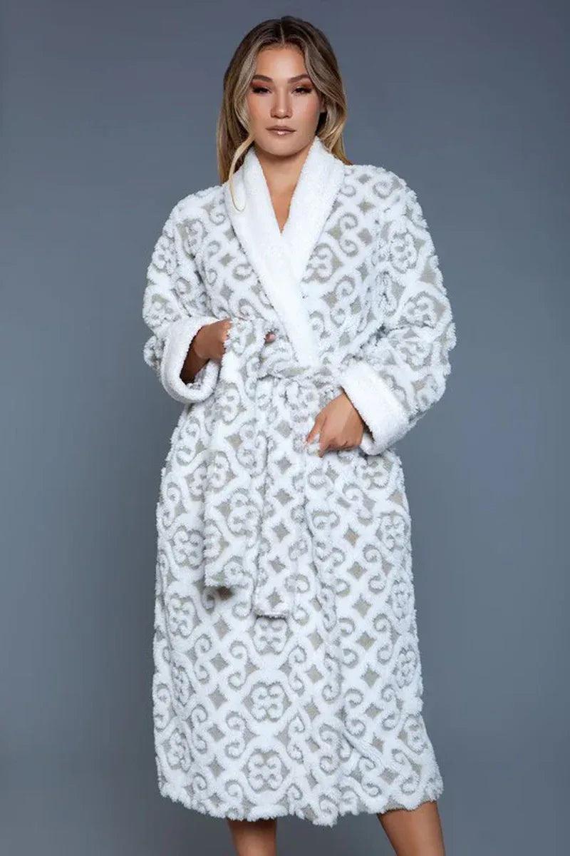 Kimmie Damask Print Sherpa Robe – Long Sleeve Wrap Loungewear with Tie Belt - Dazzling Beauty Solution