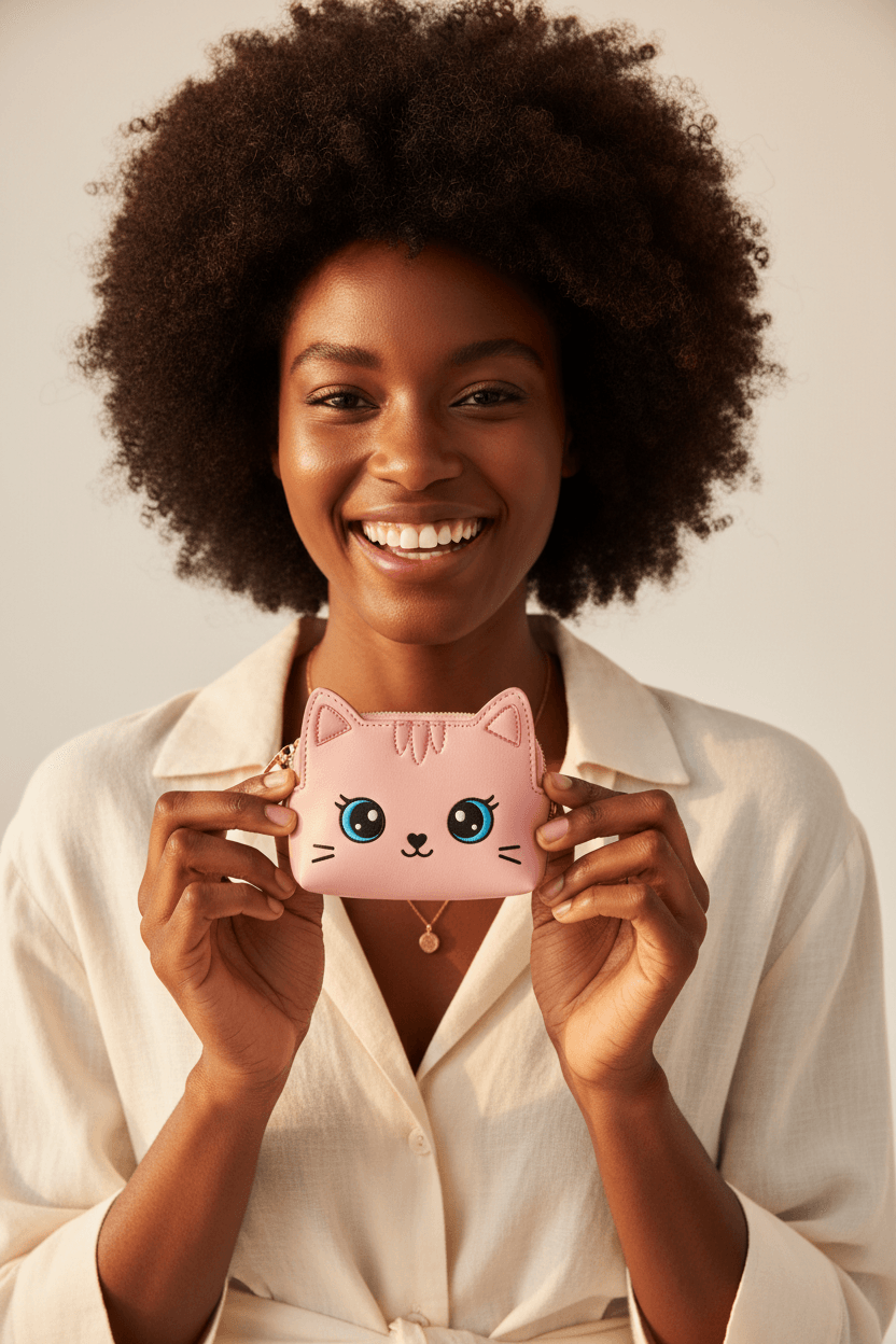 Black Woman Holding Cute Cat Wallet