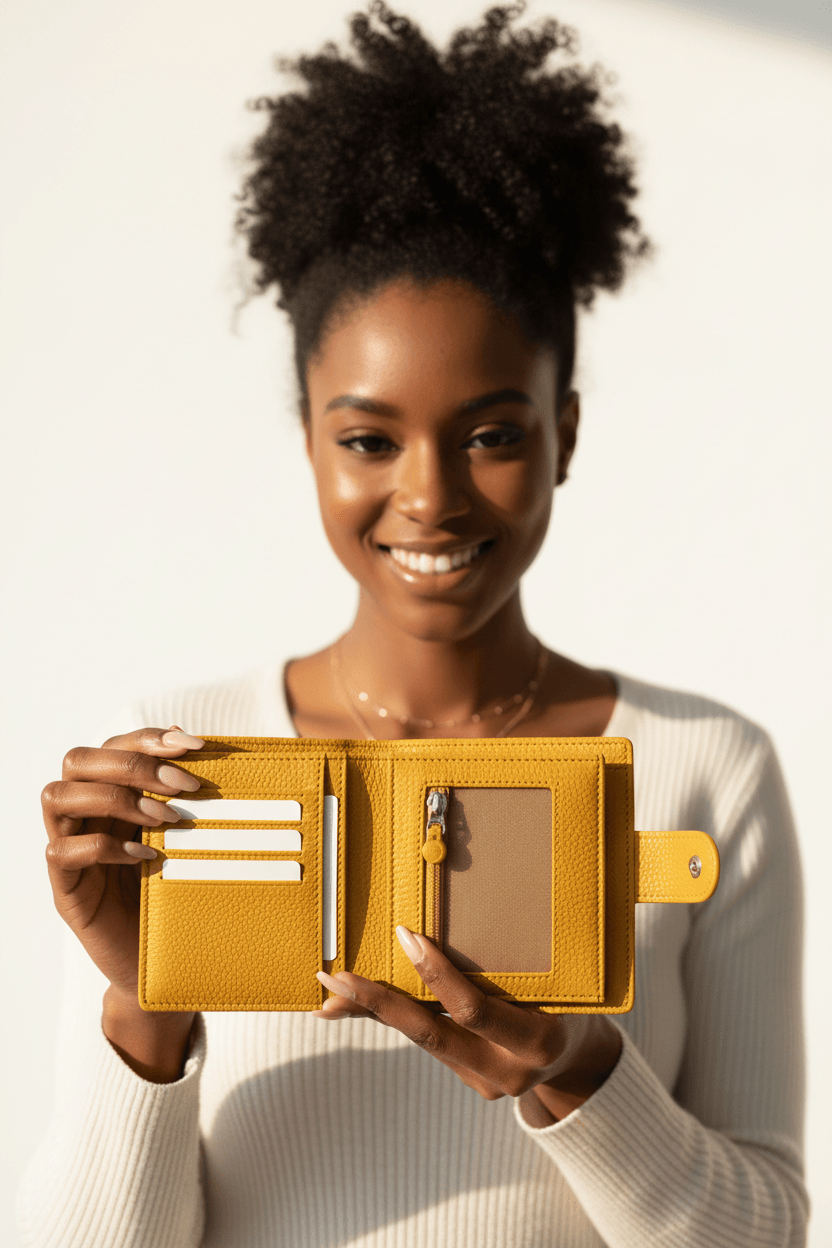 Black Woman Holding PU Leather Wallet