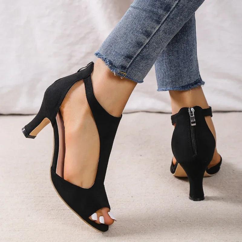 Women's Zippered High Heeled Fish Beak Sandals - Dazzling Beauty Solution
