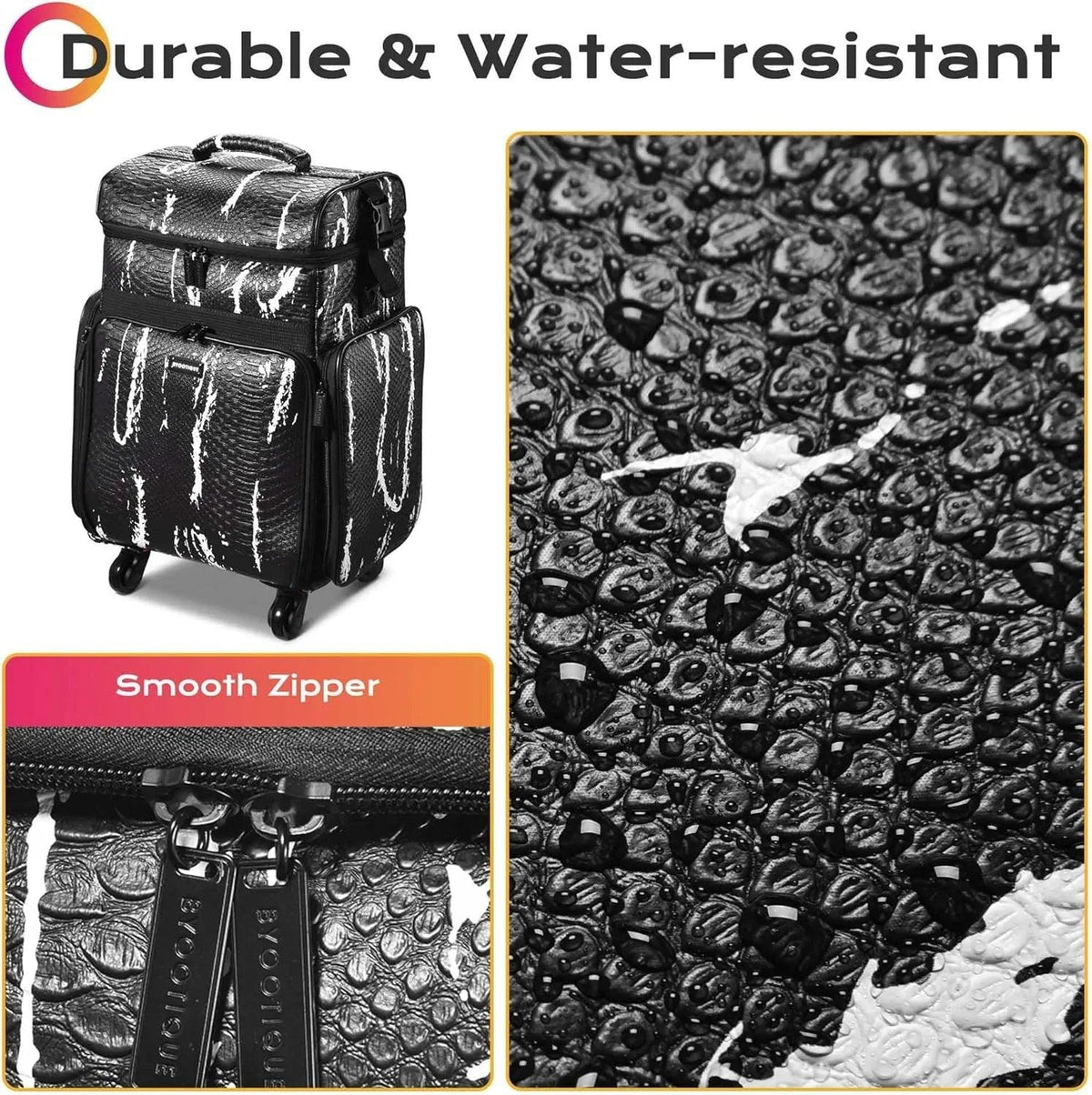 Byootique Rolling Makeup Train Case – Crocodile Leather Texture (Black & White) - Dazzling Beauty Solution