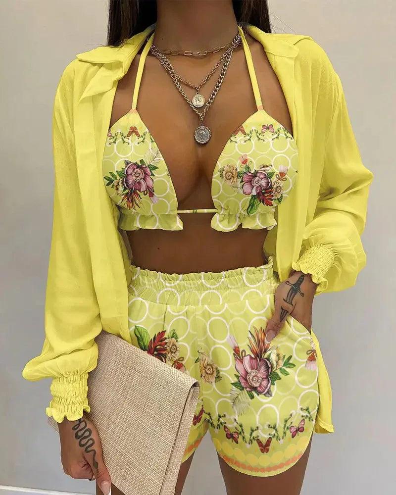Women's Summer Solid Color Printing 3-piece Suit - Dazzling Beauty Solution