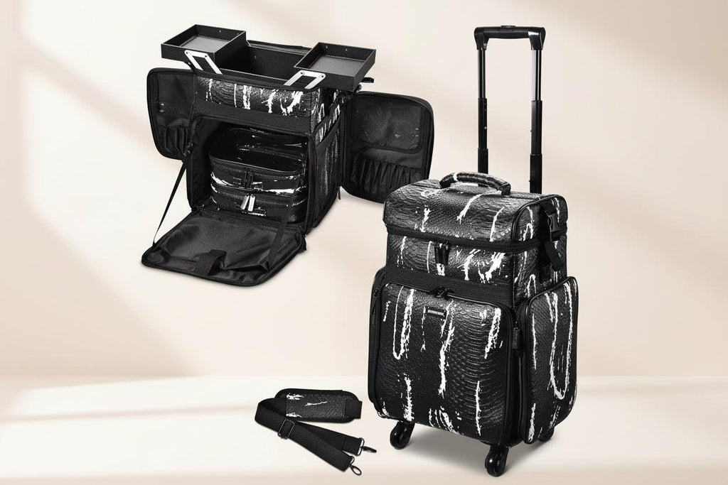 Byootique Rolling Makeup Train Case – Crocodile Leather Texture (Black & White) - Dazzling Beauty Solution