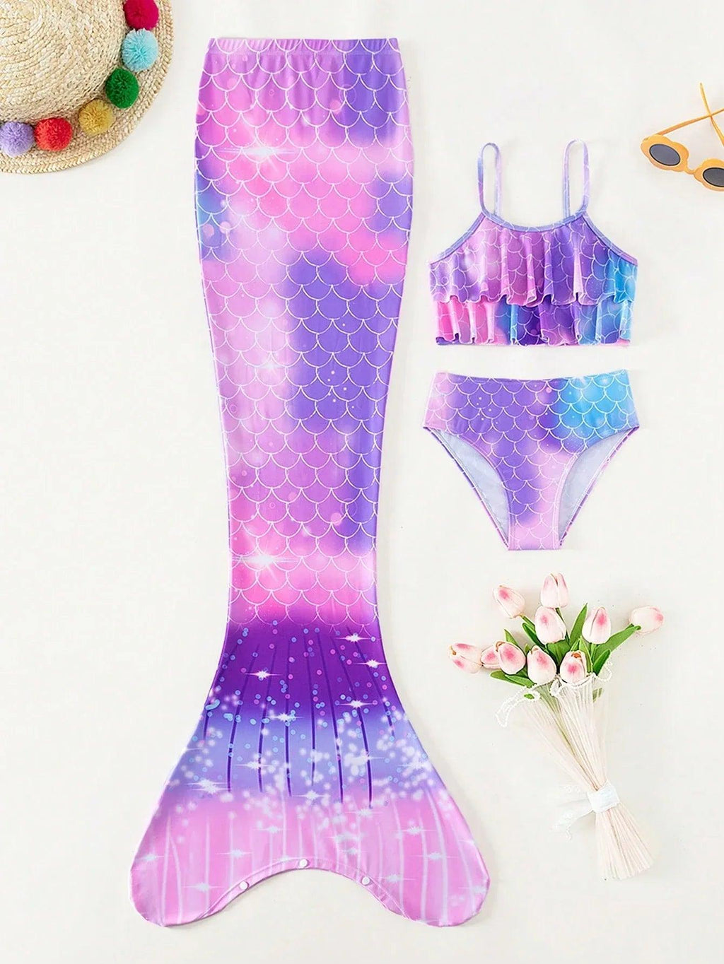 Tween Girl Fish Scales Print Mermaid Tail Set - Dazzling Beauty Solution