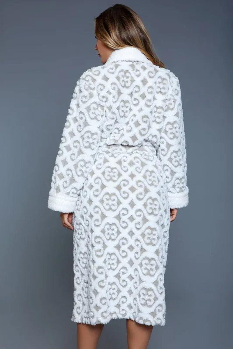 Kimmie Damask Print Sherpa Robe – Long Sleeve Wrap Loungewear with Tie Belt - Dazzling Beauty Solution