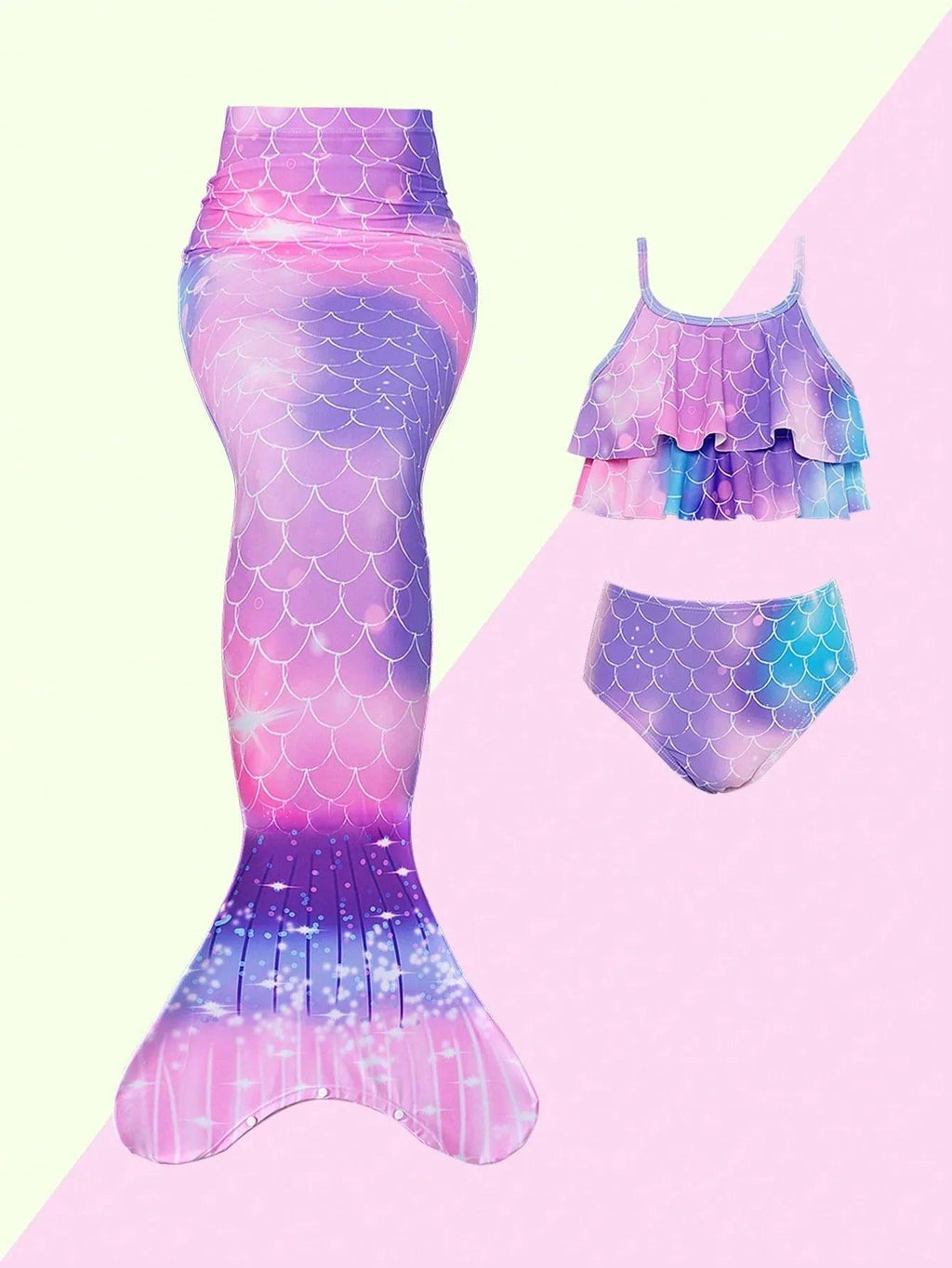 Tween Girl Fish Scales Print Mermaid Tail Set - Dazzling Beauty Solution