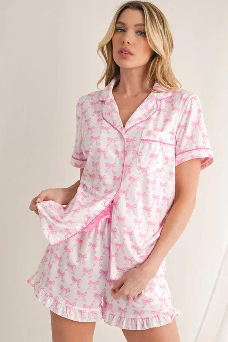 Bowknot Shirt and Ruffle Hem Shorts Pajama Set - Dazzling Beauty Solution