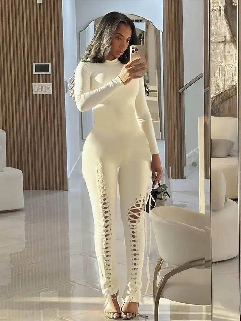 Sexy Fall Jumpsuits Women Diy Shirring O-Neck Full Sleeve Midnight Party Club Stretch Activity Fitness Slim Overalls - Dazzling Beauty Solution