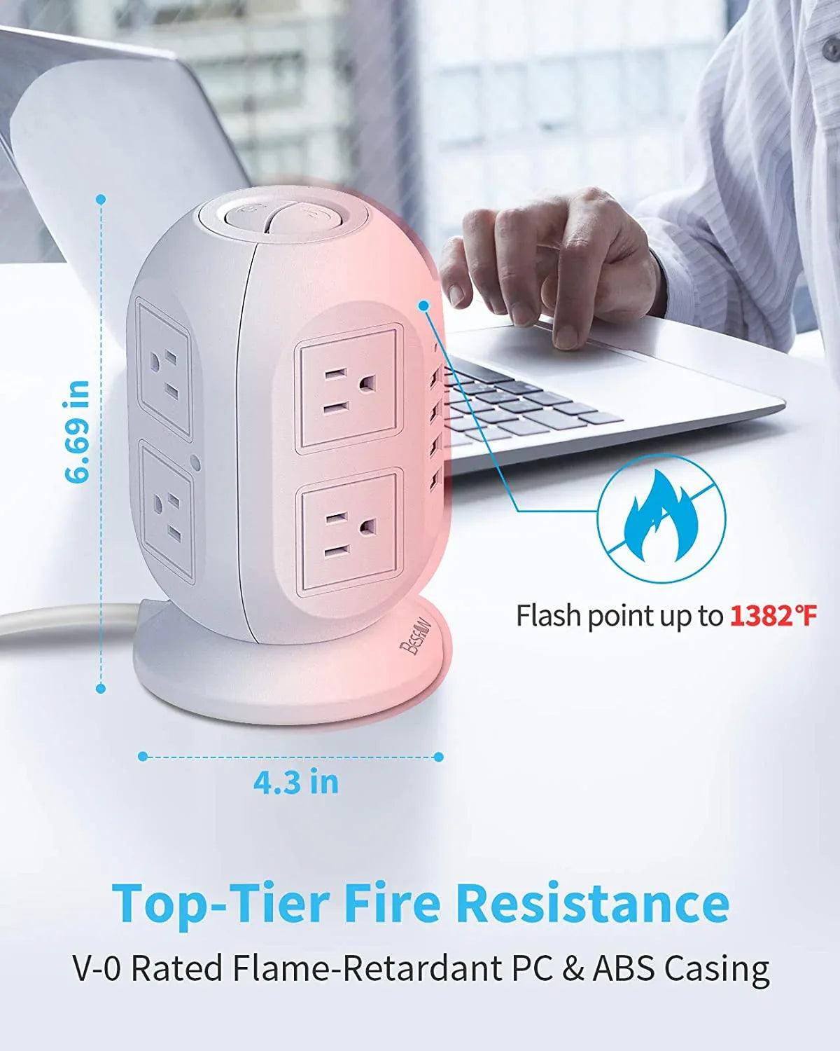 12-in-1 Power Strip Tower with USB Ports – 10FT Extension Cord, Surge Protector & Space-Saving Design - Dazzling Beauty Solution