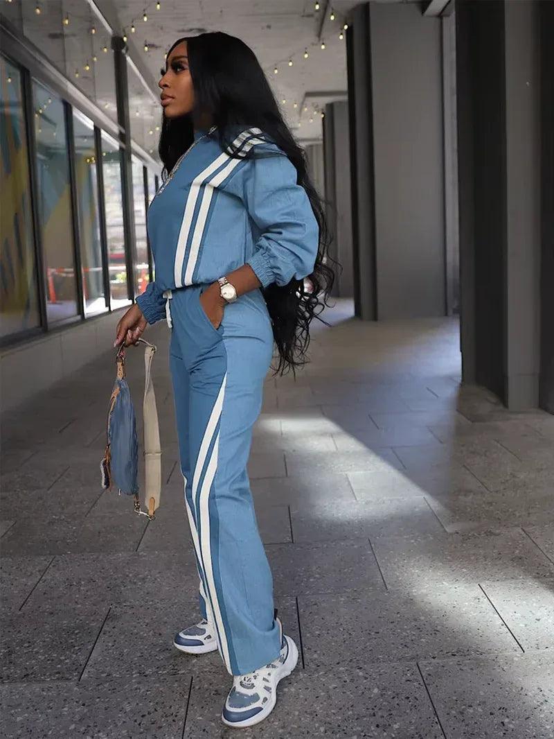 Elevate Your Fall Wardrobe with Our Stylish Women's Color Block Stripe Sweatsuit Set - Dazzling Beauty Solution