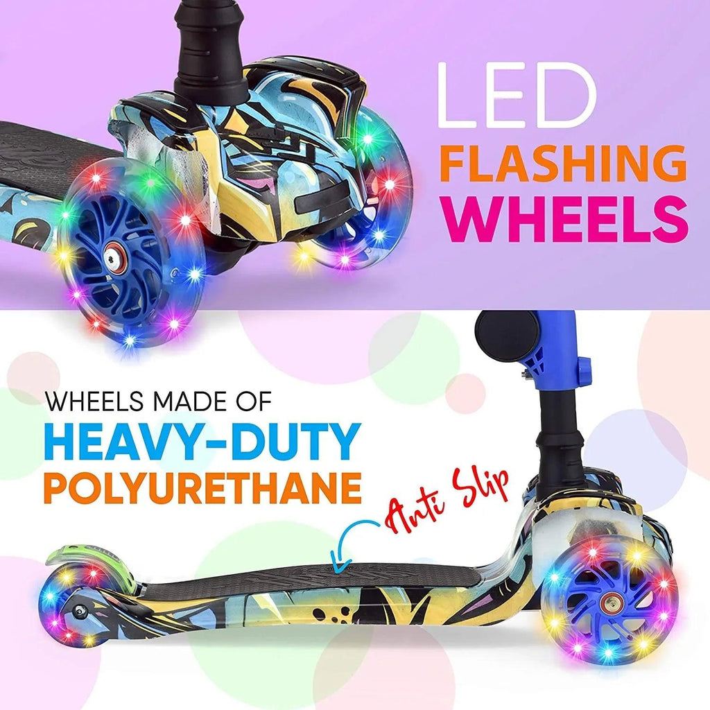 3-Wheeled Scooter for Kids - Wheel LED Lights, Adjustable Lean-To-Steer Handlebar, and Foldable Seat - Sit or Stand Ride with Brake for Boys and Girls Ages 1-14 Years Old - Dazzling Beauty Solution