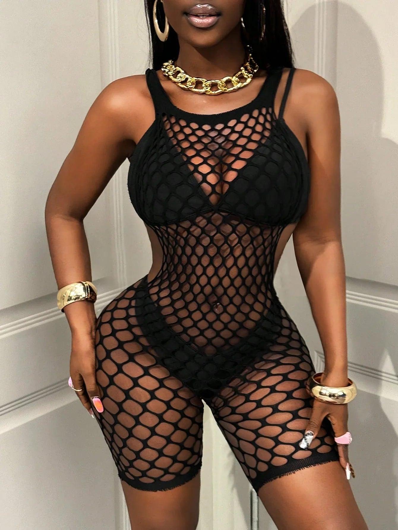 Black Fishnet Mesh Romper Set - Dazzling Beauty Solution