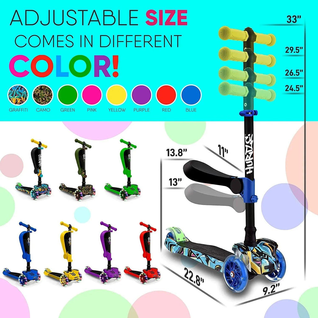 3-Wheeled Scooter for Kids - Wheel LED Lights, Adjustable Lean-To-Steer Handlebar, and Foldable Seat - Sit or Stand Ride with Brake for Boys and Girls Ages 1-14 Years Old - Dazzling Beauty Solution