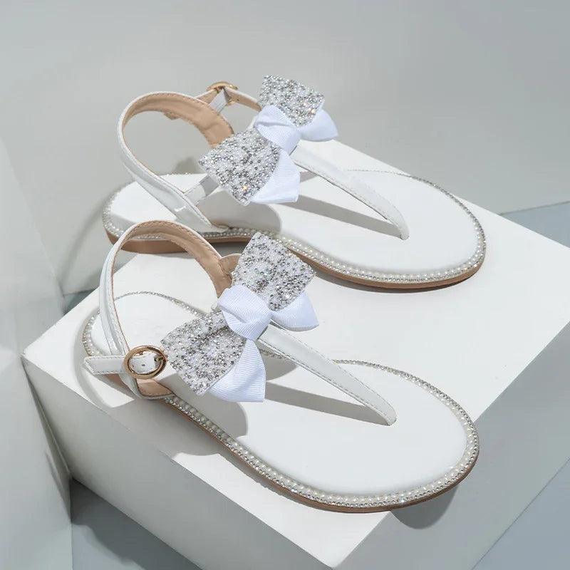 Rhinestone Bow Ladies High End Flat Sandals - Dazzling Beauty Solution