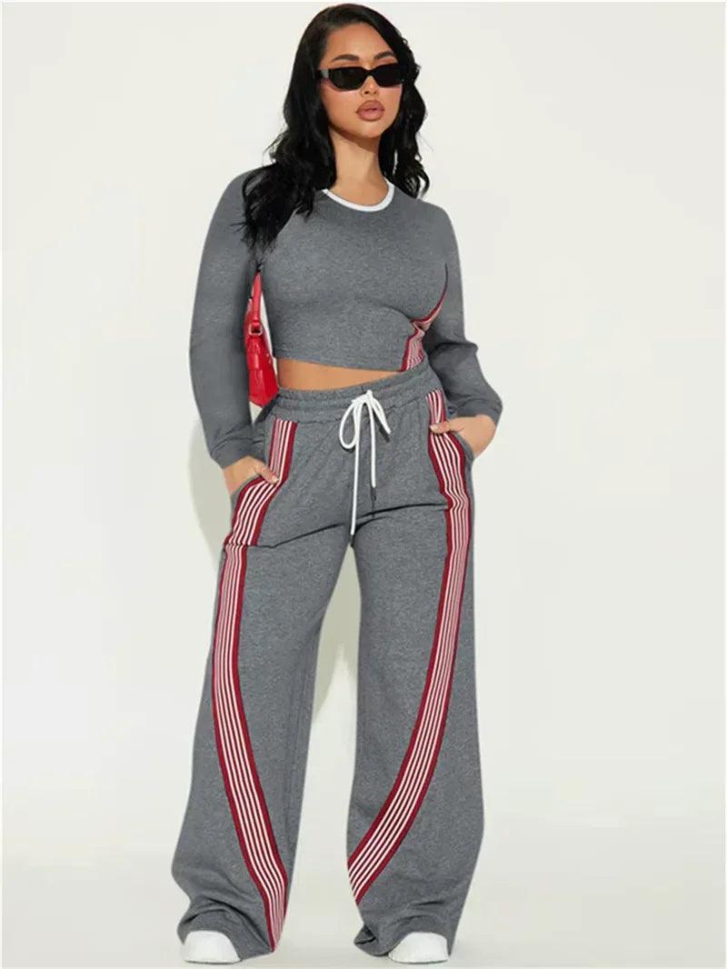 Stylish Contrast Stripe 2-Piece Women's Set: O-Neck Full Sleeve Crop Top & Drawstring Long Pants for Casual Sports Vibes! - Dazzling Beauty Solution